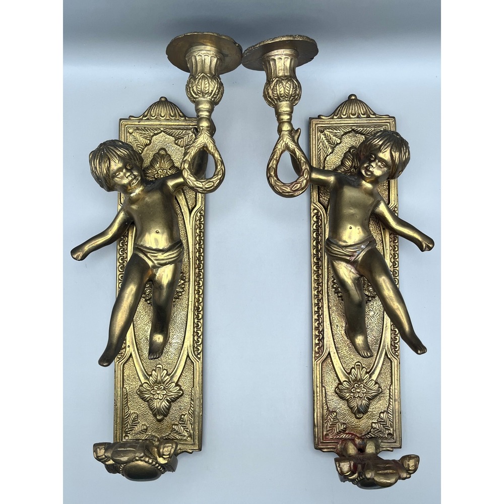 Vtg Brass Cherub Wall Sconce Pair Putti Candle Holder‎ Gold Tone India 12" Heavy
